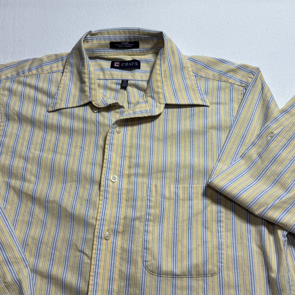 Chaps Mens Oxford Shirt 15-15.5 34-35 Yellow Blue Striped Long Sleeve‎ Cotton